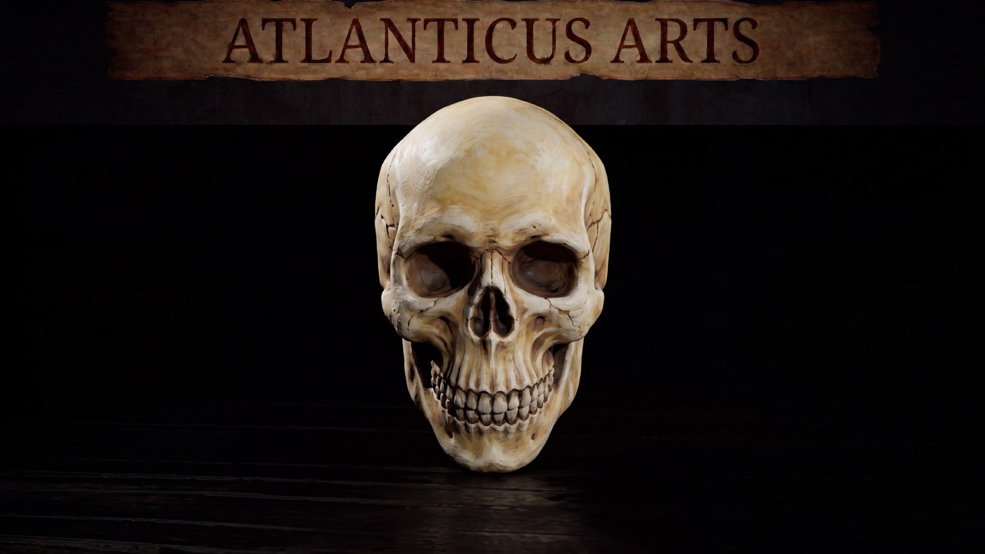 Anatomically detailed human skull sculpt with prominent cranial sutures, deep hollow eye sockets, intact nasal cavity, and full upper and lower dentition. Sculpt by Atlanticus Arts.