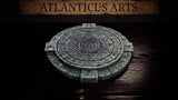 Circular stone summoning circle dais with a six-pointed star at its centre, concentric rings of carved arcane runes, a small geometric seal in the middle, and four cardinal notches on the outer rim. Sculpt by Atlanticus Arts.