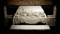 Unpainted resin banquet table terrain piece with draped tablecloth, laden with roast bird, pies, fruit bowls, bread, mugs, cutlery and a stemmed goblet, flanked by two high-backed carved chairs and a wooden bench. Sculpt by Atlanticus Arts.