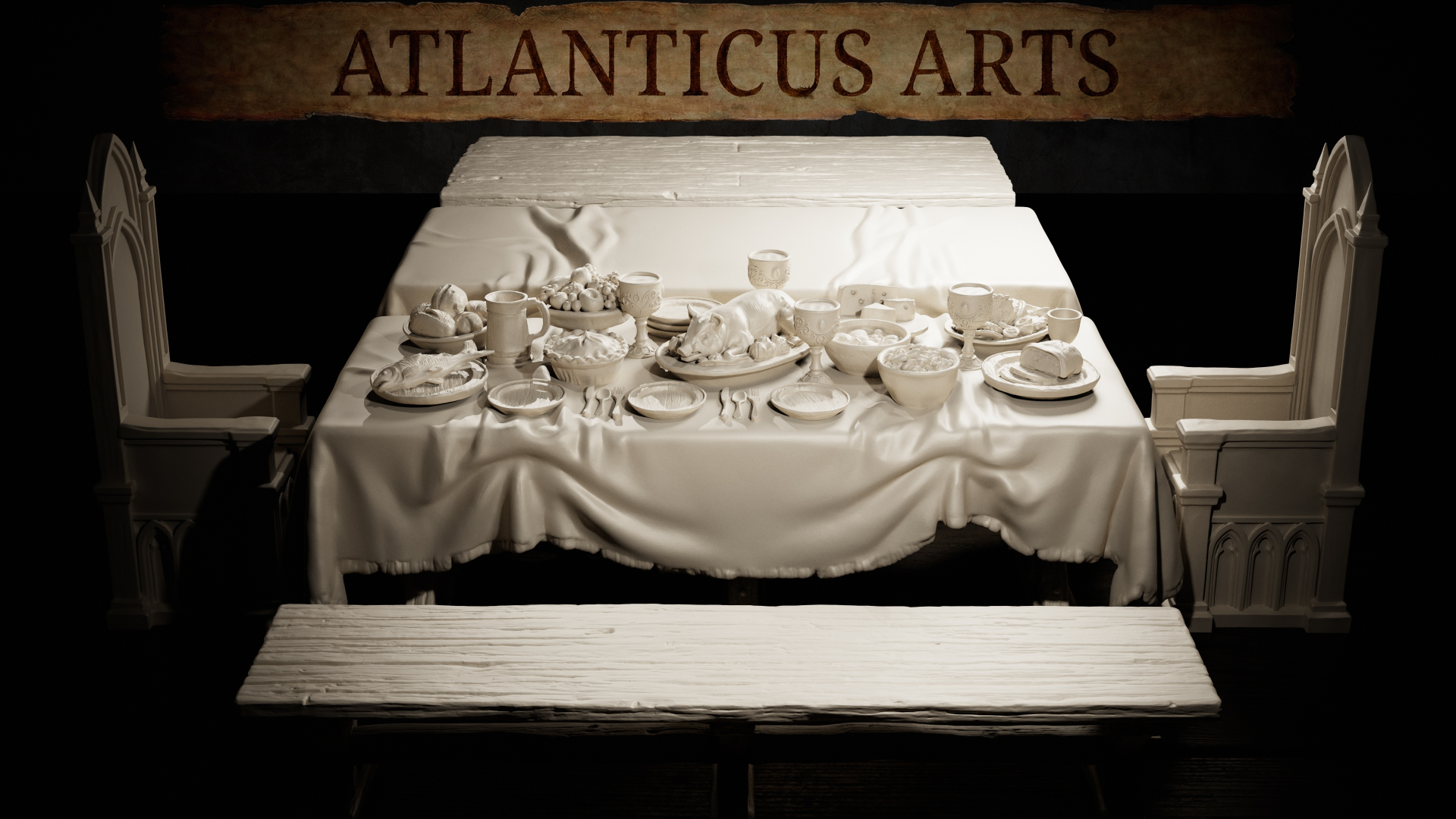 Unpainted resin banquet table terrain piece with draped tablecloth, laden with roast bird, pies, fruit bowls, bread, mugs, cutlery and a stemmed goblet, flanked by two high-backed carved chairs and a wooden bench. Sculpt by Atlanticus Arts.