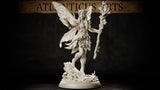 Winged fairy miniature standing on a root-and-mushroom base, holding a leafy staff aloft, wearing a leaf skirt and bodice, long braided hair, large veined wings spread wide. Sculpt by Atlanticus Arts.