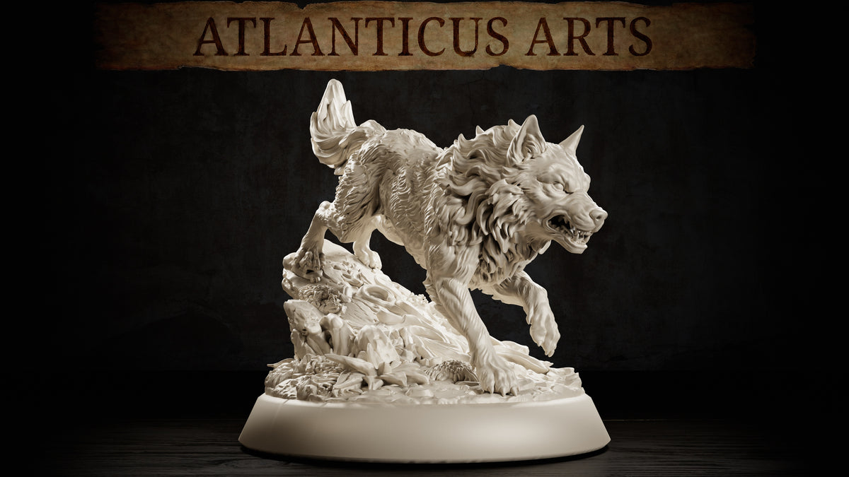 Atlanticus Arts Blink Dog miniature: a large snarling wolf crouched low and lunging forward, thick mane of wild fur, jaws wide open with teeth bared, claws gripping a rocky debris-strewn base.