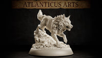 Atlanticus Arts Blink Dog miniature: a large snarling wolf crouched low and lunging forward, thick mane of wild fur, jaws wide open with teeth bared, claws gripping a rocky debris-strewn base.