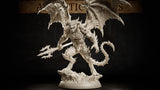Spined Devil by Atlanticus Arts — full sculpt showing broad membranous wings spread wide, coiled barbed tail, horned skull thrown back in a roar, serrated trident extended forward.