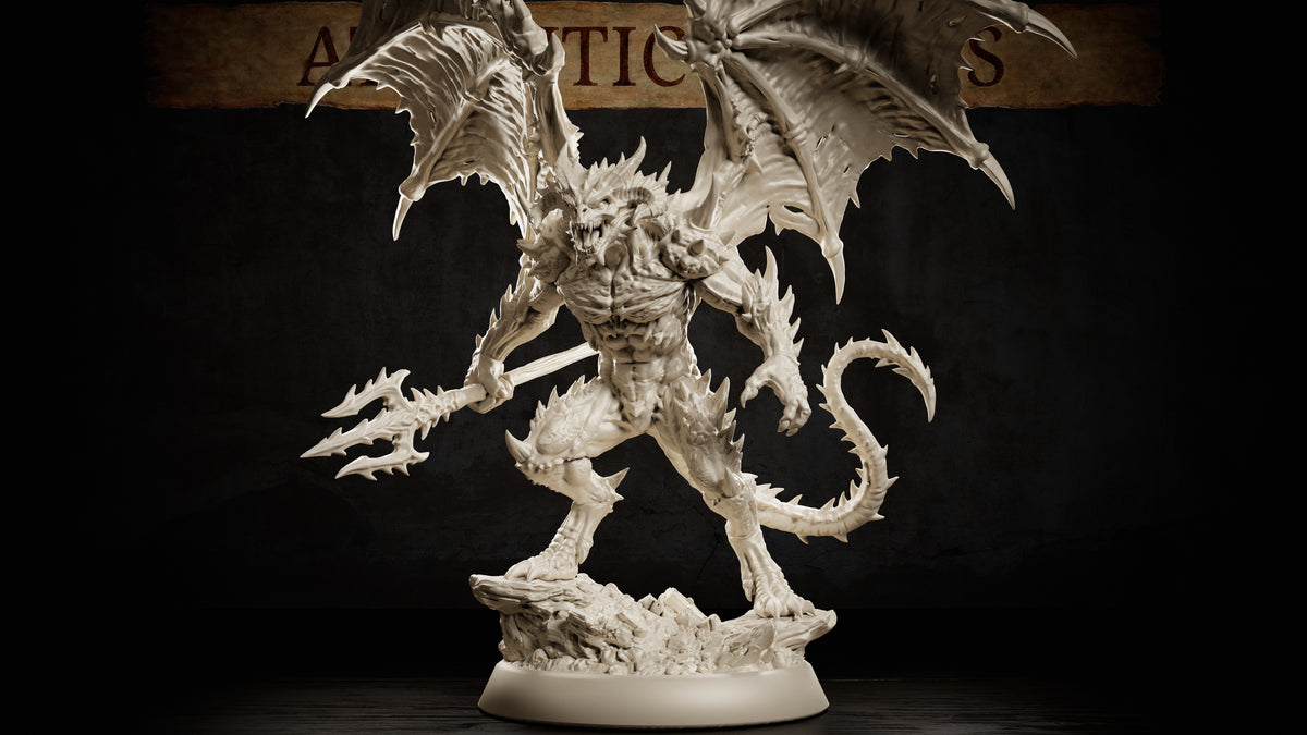 Spined Devil by Atlanticus Arts — full sculpt showing broad membranous wings spread wide, coiled barbed tail, horned skull thrown back in a roar, serrated trident extended forward.