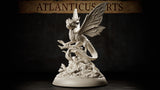 Fairy Dragon Youth by Atlanticus Arts: a small winged dragonling perched on a twisted branch, mouth open, large butterfly-style wings spread wide, scales trailing into feathered plumage at the tail, atop a mushroom-scattered woodland base.