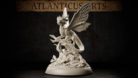 Fairy Dragon Youth by Atlanticus Arts: a small winged dragonling perched on a twisted branch, mouth open, large butterfly-style wings spread wide, scales trailing into feathered plumage at the tail, atop a mushroom-scattered woodland base.