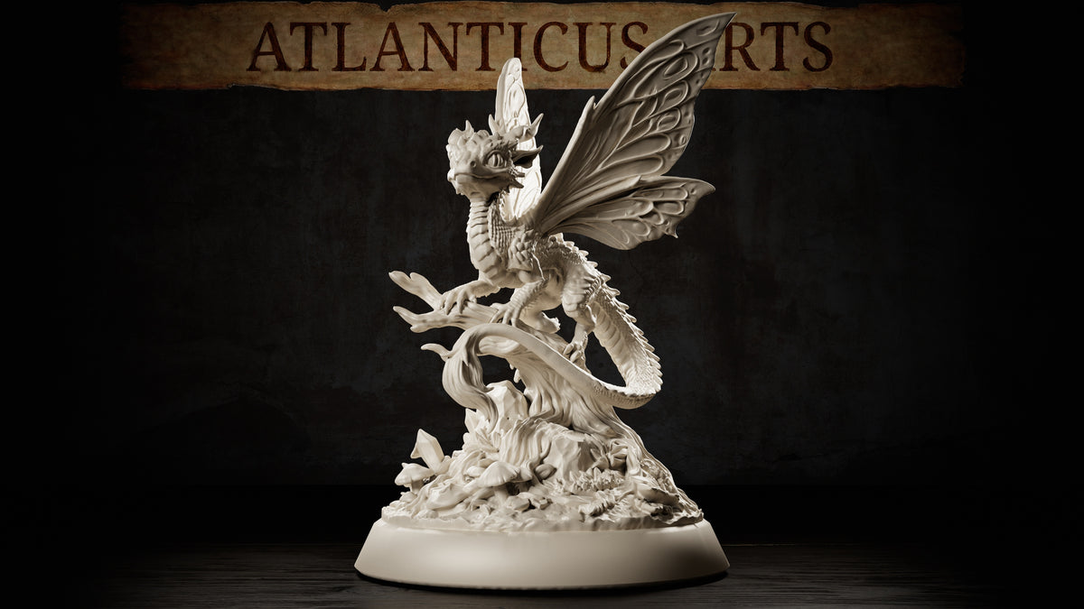 Fairy Dragon Youth by Atlanticus Arts: a small winged dragonling perched on a twisted branch, mouth open, large butterfly-style wings spread wide, scales trailing into feathered plumage at the tail, atop a mushroom-scattered woodland base.