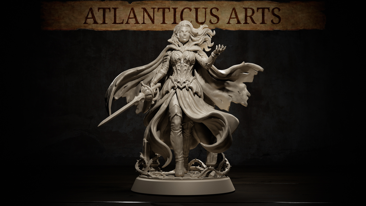 Vampire swordswoman standing with sword lowered at her side and one hand raised open, wearing ornate leaf-motif armour and a billowing tattered cloak, hair swept back dramatically. Thorned vine base. By Atlanticus Arts.