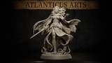 Vampire swordswoman standing with sword lowered at her side and one hand raised open, wearing ornate leaf-motif armour and a billowing tattered cloak, hair swept back dramatically. Thorned vine base. By Atlanticus Arts.