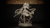 Vampire swordswoman standing with sword lowered at her side and one hand raised open, wearing ornate leaf-motif armour and a billowing tattered cloak, hair swept back dramatically. Thorned vine base. By Atlanticus Arts.