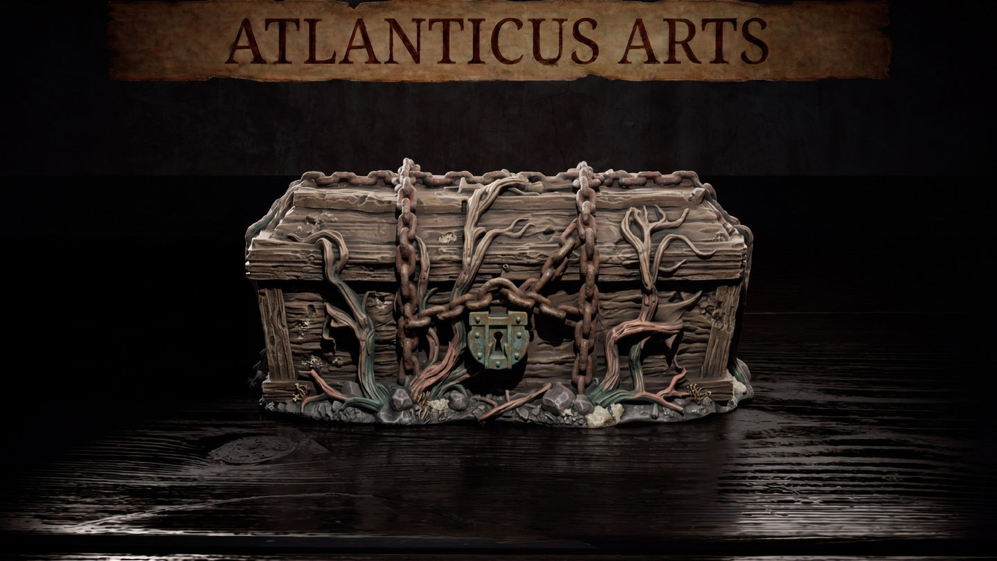 Weathered wooden chest covered in cracked wood grain texture, wrapped in heavy rusted chains and entwined with grasping roots and tendrils, with a verdigris-stained bronze lock plate at centre. Base of pebbles, moss, and roots. Sculpt by Atlanticus Arts.