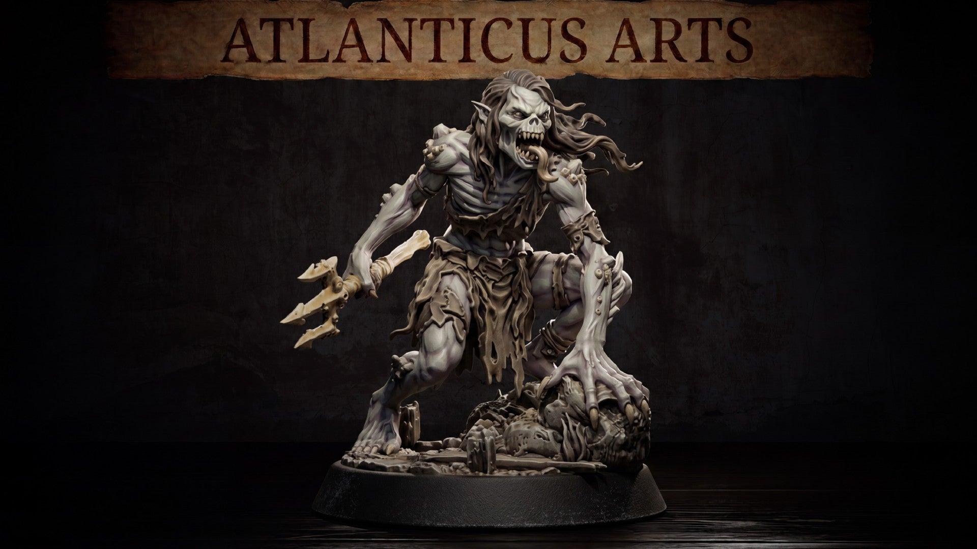 Lacedon Ghoul miniature by Atlanticus Arts: emaciated undead creature lunging forward, wielding a jagged bone weapon, mouth agape in a snarl, wild hair streaming back, standing on a debris-strewn scenic base.