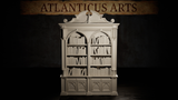 Gothic double-bay bookcase with ornate broken-pediment cornice, twin pointed arches, carved pilasters, four shelves of varied books per bay, and panelled cabinet base with lancet motifs. Sculpt by Atlanticus Arts.