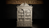 Gothic double-bay bookcase with ornate broken-pediment cornice, twin pointed arches, carved pilasters, four shelves of varied books per bay, and panelled cabinet base with lancet motifs. Sculpt by Atlanticus Arts.