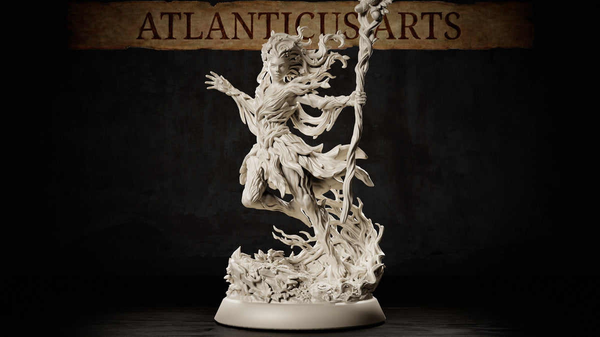 Dryad Spellcaster by Atlanticus Arts — nature spirit leaping mid-air, gripping a gnarled vine staff topped with foliage, free hand outstretched with fingers splayed, flowing leaf-and-bark robes and flower-woven hair swept upward, on a richly detailed root-and-flora scenic base.