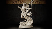 Dryad Spellcaster by Atlanticus Arts — nature spirit leaping mid-air, gripping a gnarled vine staff topped with foliage, free hand outstretched with fingers splayed, flowing leaf-and-bark robes and flower-woven hair swept upward, on a richly detailed root-and-flora scenic base.