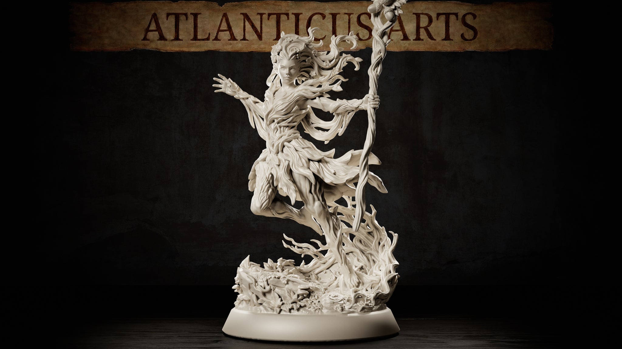 Dryad Spellcaster by Atlanticus Arts — nature spirit leaping mid-air, gripping a gnarled vine staff topped with foliage, free hand outstretched with fingers splayed, flowing leaf-and-bark robes and flower-woven hair swept upward, on a richly detailed root-and-flora scenic base.