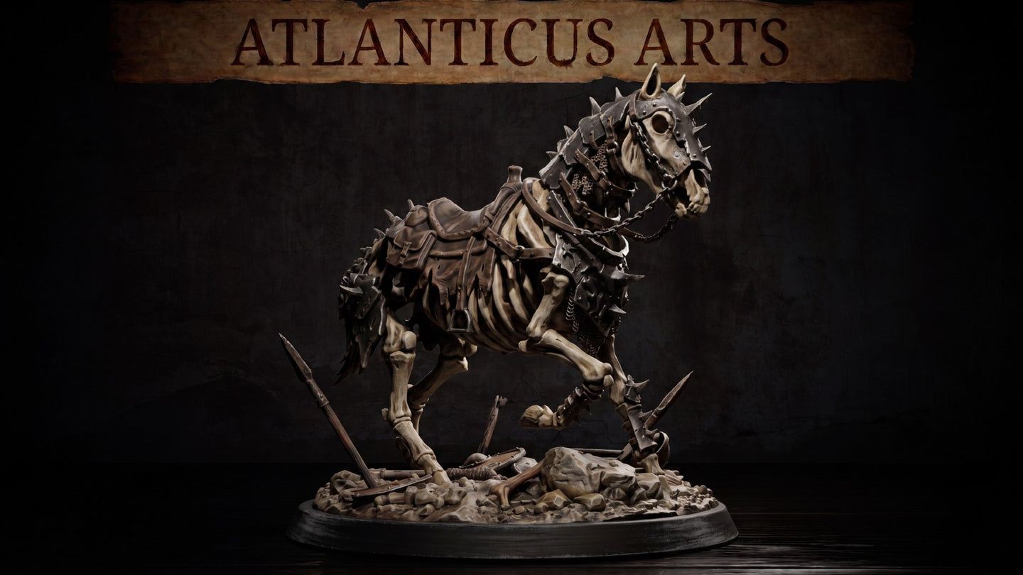 Skeleton warhorse rearing with one front leg raised, wearing spiked iron barding on the skull and neck, chain bridle, and worn leather saddle. Base covered in rubble and broken weapons. Sculpt by Atlanticus Arts.