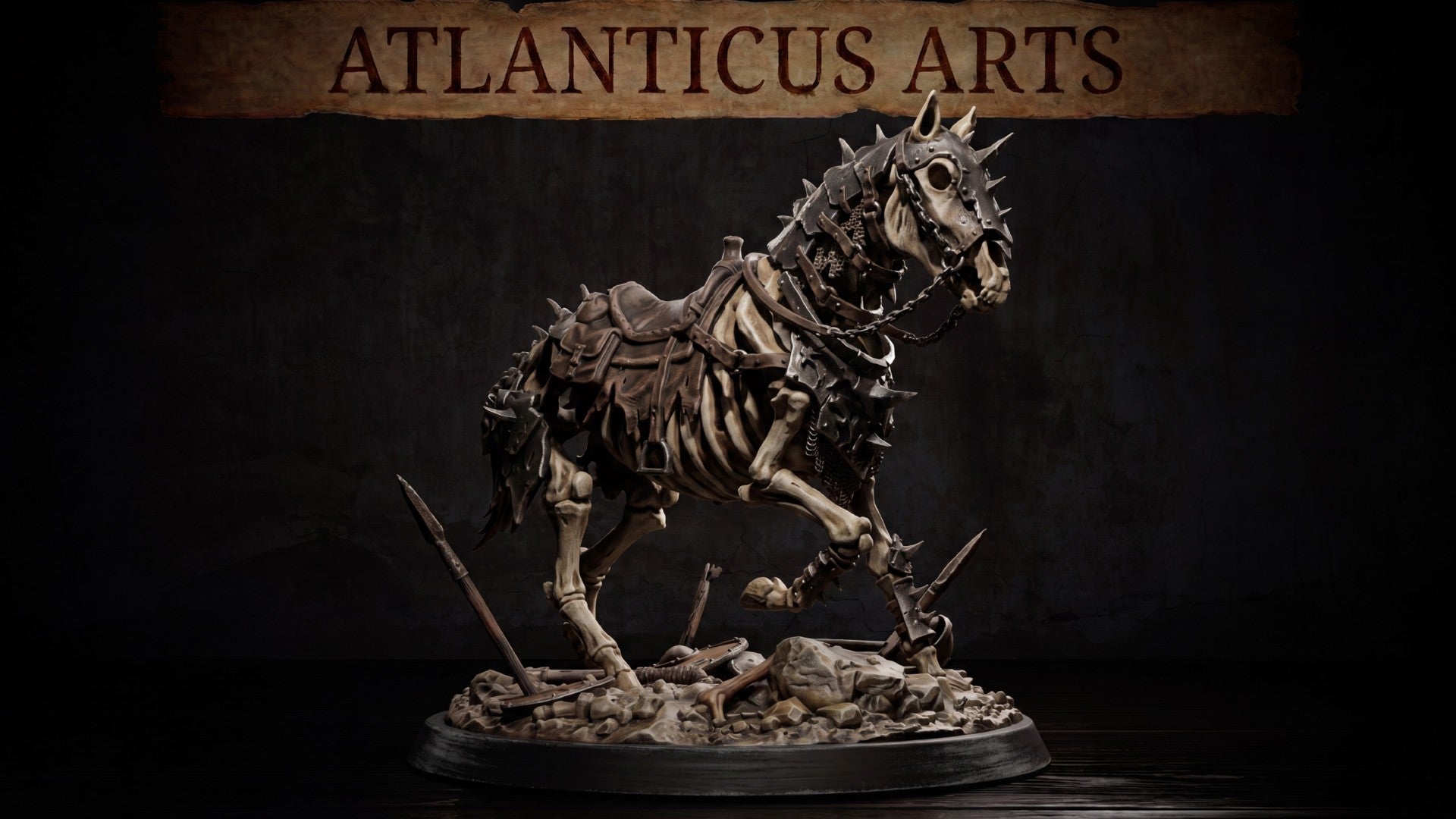 Skeleton warhorse rearing with one front leg raised, wearing spiked iron barding on the skull and neck, chain bridle, and worn leather saddle. Base covered in rubble and broken weapons. Sculpt by Atlanticus Arts.