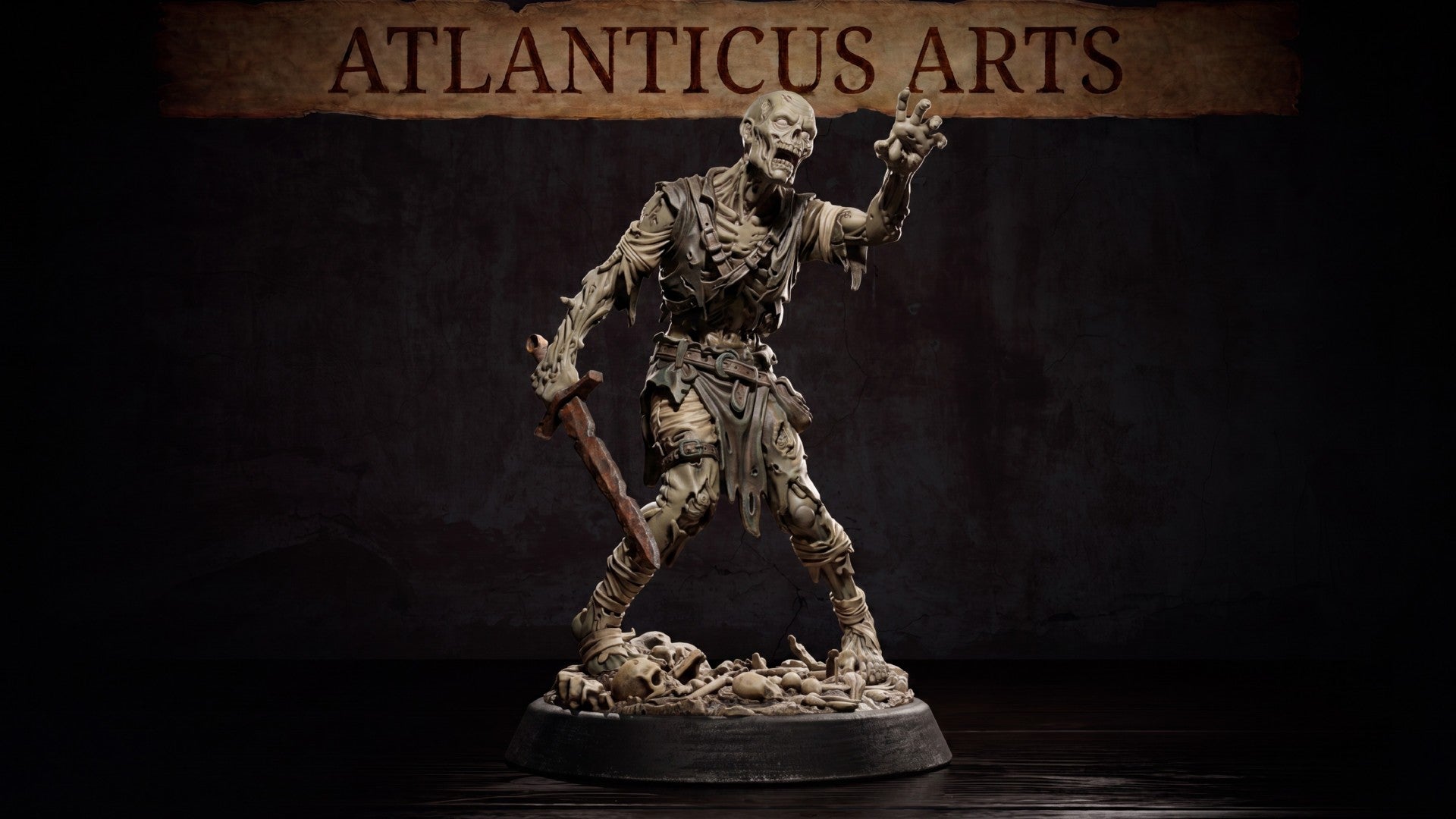 Gaunt zombie miniature striding forward, jaw hanging open in a snarl, one clawed hand raised and the other gripping a heavily corroded sword. Rotting cloth hangs from a skeletal frame with visible ribs, buckled belts still wrapped around the torso. Mounted on a bone-strewn scenic base. Sculpt by Atlanticus Arts.