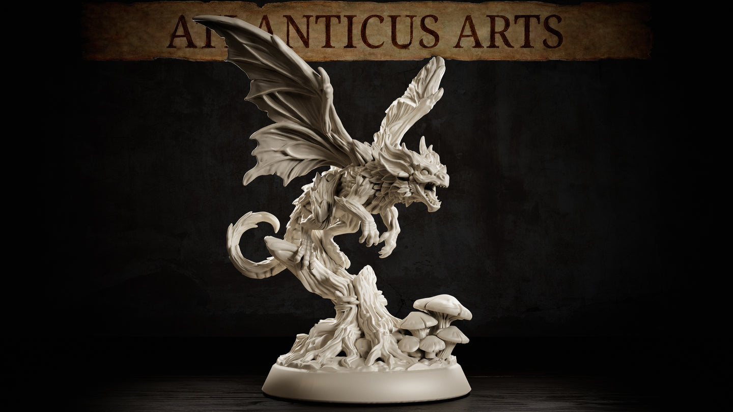 Fairy Dragon Adult by Atlanticus Arts — snarling winged dragon perched atop a twisted tree stump, wings fully spread, claws raised, mouth open, with clustered mushrooms at the base.