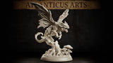 Fairy Dragon Adult by Atlanticus Arts — snarling winged dragon perched atop a twisted tree stump, wings fully spread, claws raised, mouth open, with clustered mushrooms at the base.