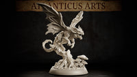 Fairy Dragon Adult by Atlanticus Arts — snarling winged dragon perched atop a twisted tree stump, wings fully spread, claws raised, mouth open, with clustered mushrooms at the base.