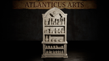 Tall gothic-arched cabinet scatter terrain piece by Atlanticus Arts, five shelves loaded with potion bottles, vials, and human skulls, crowned by a carved skull in a pointed pediment arch.