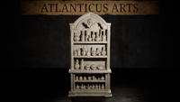 Tall gothic-arched cabinet scatter terrain piece by Atlanticus Arts, five shelves loaded with potion bottles, vials, and human skulls, crowned by a carved skull in a pointed pediment arch.