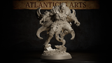 Ferocious vampire spawn miniature lunging forward with enormous curved claws spread wide, battered armour and billowing cloak, snarling fanged face, on a shattered stone scenic base. Sculpt by Atlanticus Arts.