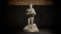 Gaunt undead butler in a frayed tailcoat and waistcoat, standing rigidly upright, holding a tray bearing two ornate goblets. Hollow-eyed expression, sunken face, mouth slightly open. Rubble-strewn scenic base. Sculpt by Atlanticus Arts.
