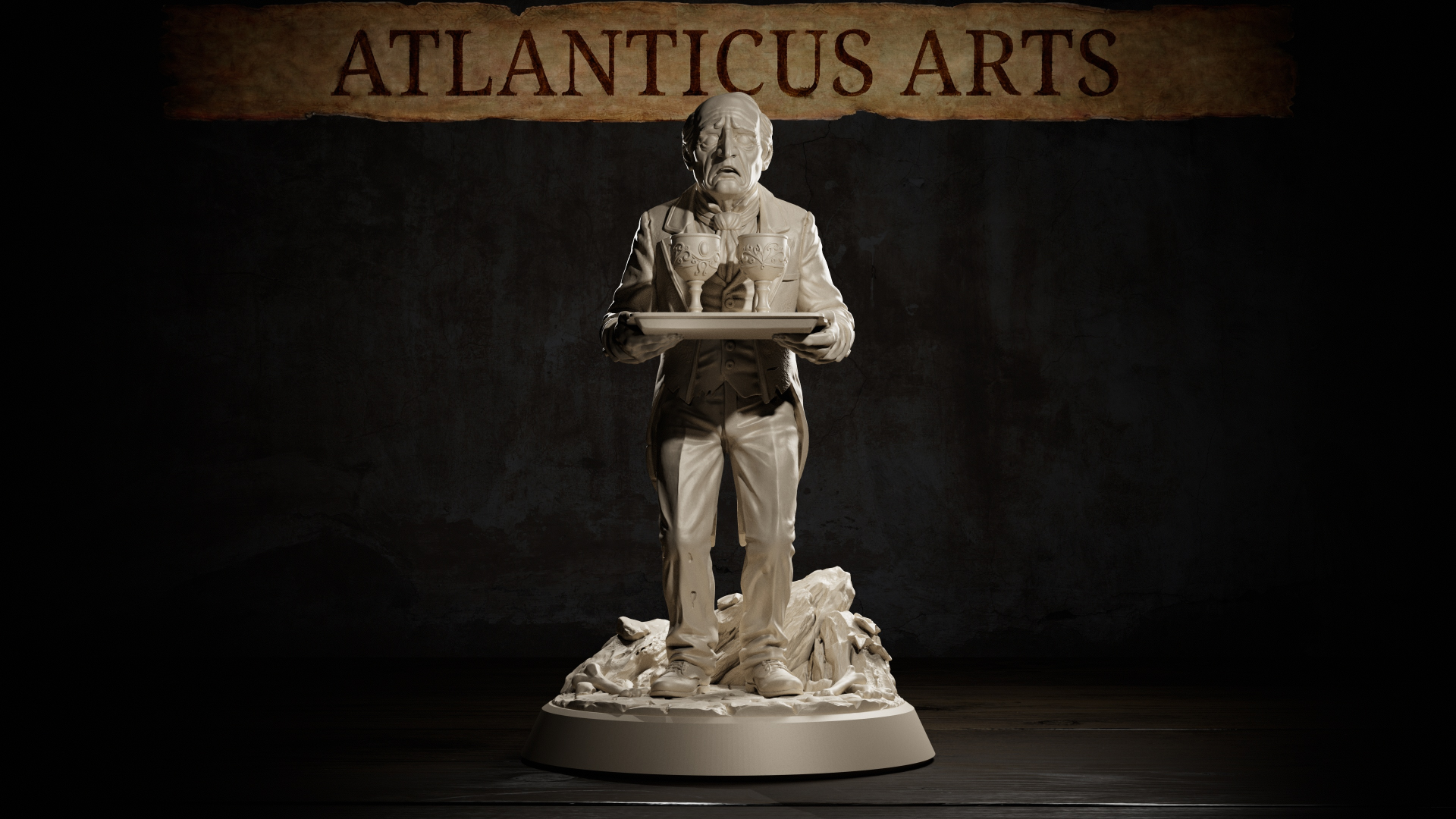 Gaunt undead butler in a frayed tailcoat and waistcoat, standing rigidly upright, holding a tray bearing two ornate goblets. Hollow-eyed expression, sunken face, mouth slightly open. Rubble-strewn scenic base. Sculpt by Atlanticus Arts.