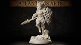 Dryad Warrior by Atlanticus Arts: bark-armoured female figure mid-stride, thorn-tipped spear extended forward, large gnarled wood shield on her left arm, wild branching hair, standing on a sculpted tree-stump root base.