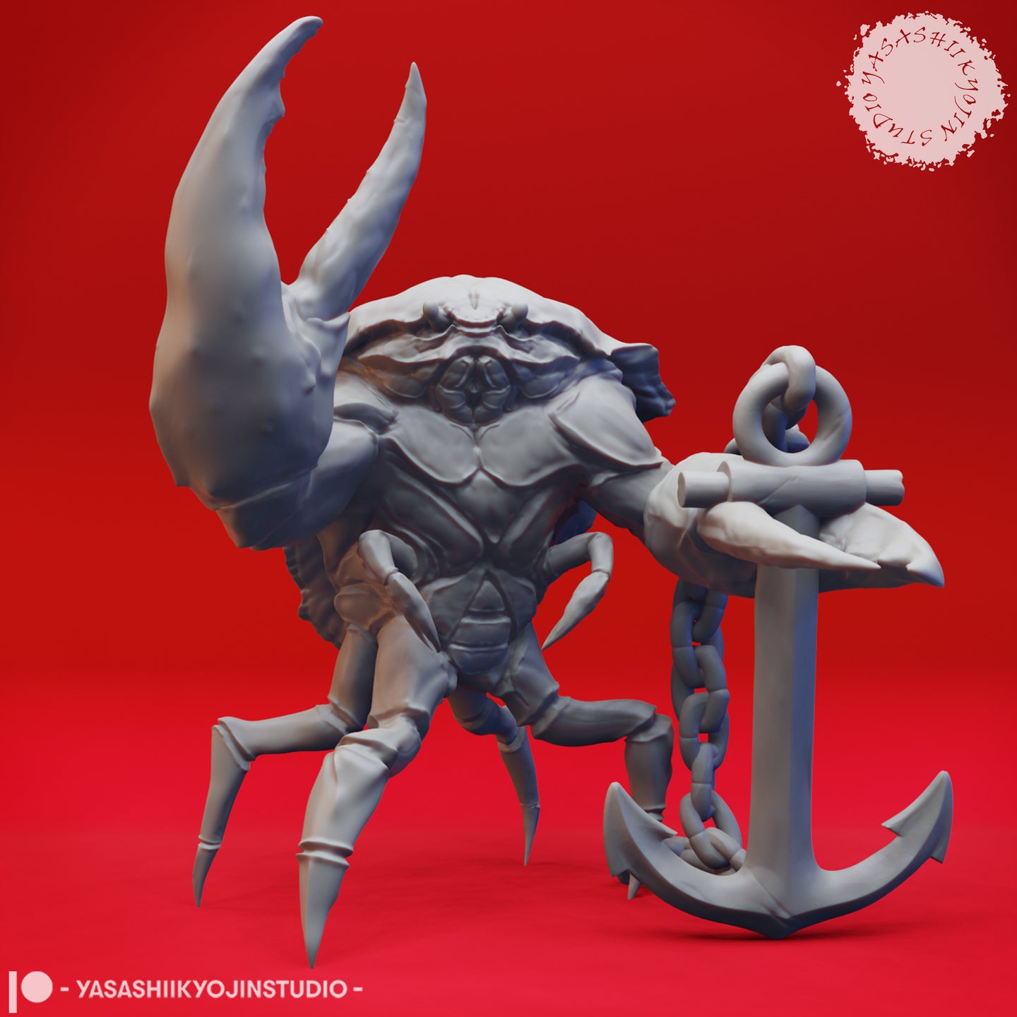 Digital render of an unpainted grey Crabfolk Warrior miniature, front view, showing a heavily built crab creature with one oversized raised claw, segmented chest armour, multiple legs, and a ship's anchor on a chain held in the smaller claw — 32mm scale tabletop miniature by Yasashii Kyojin Studio