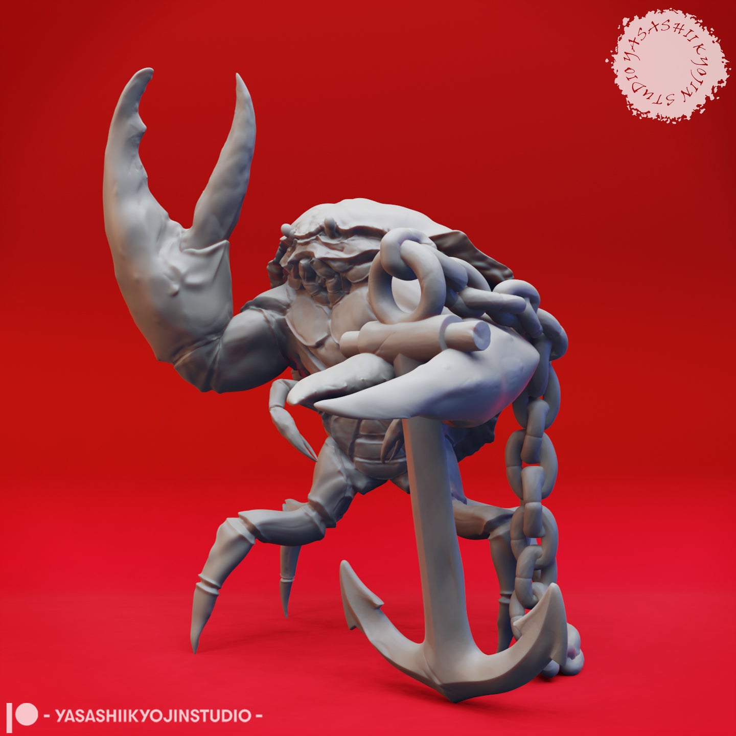 Digital render of an unpainted grey Crabfolk Warrior miniature, three-quarter front view, showing the creature's scarred carapace face, raised claw, and the ship's anchor and chain weapon held low and forward — 32mm D&D creature miniature
