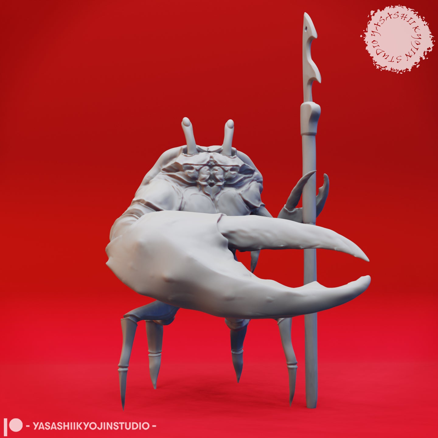 Front-facing digital render of an unpainted grey resin crabfolk warrior miniature, showing a large asymmetric claw raised forward, ornate chest relief, and a tall bone-carved spear held upright in the secondary limbs, viewed from a low front angle