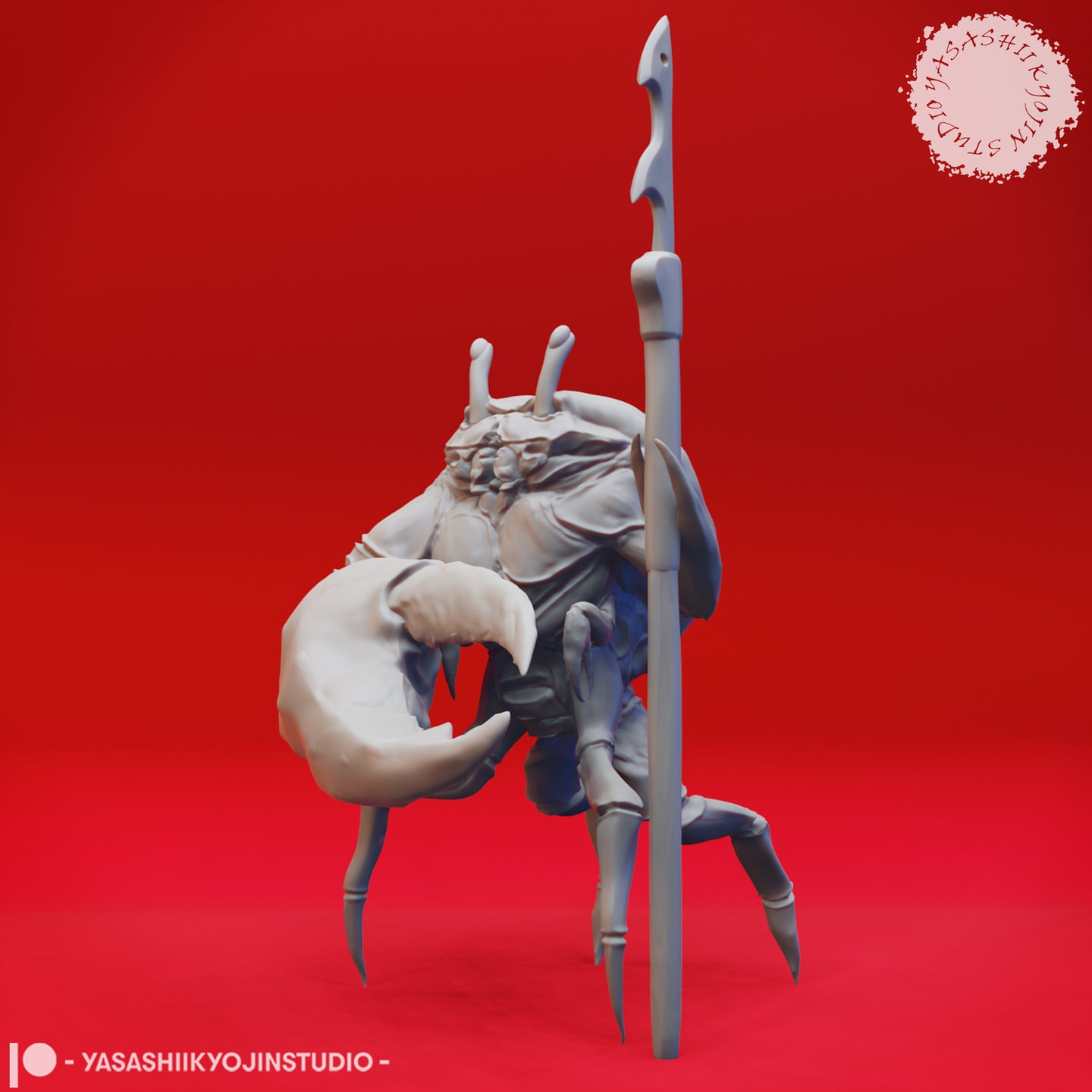 Side-on digital render of the unpainted grey crabfolk warrior miniature, showing the sculpted carapace detail on the back, the massive snapping claw in profile, and the full height of the spear alongside the creature's six spindly legs