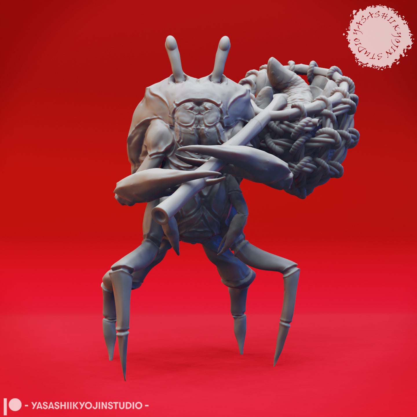 Front-facing digital render of an unpainted grey Crabfolk 03 miniature by Yasashii Kyojin Studio, showing an insectoid crabfolk warrior with twin antennae, compound-eye ridges, a pole weapon gripped in the forward claws, and a large rope-lashed bundle of staves and salvage strapped to their back, standing on articulated crab legs