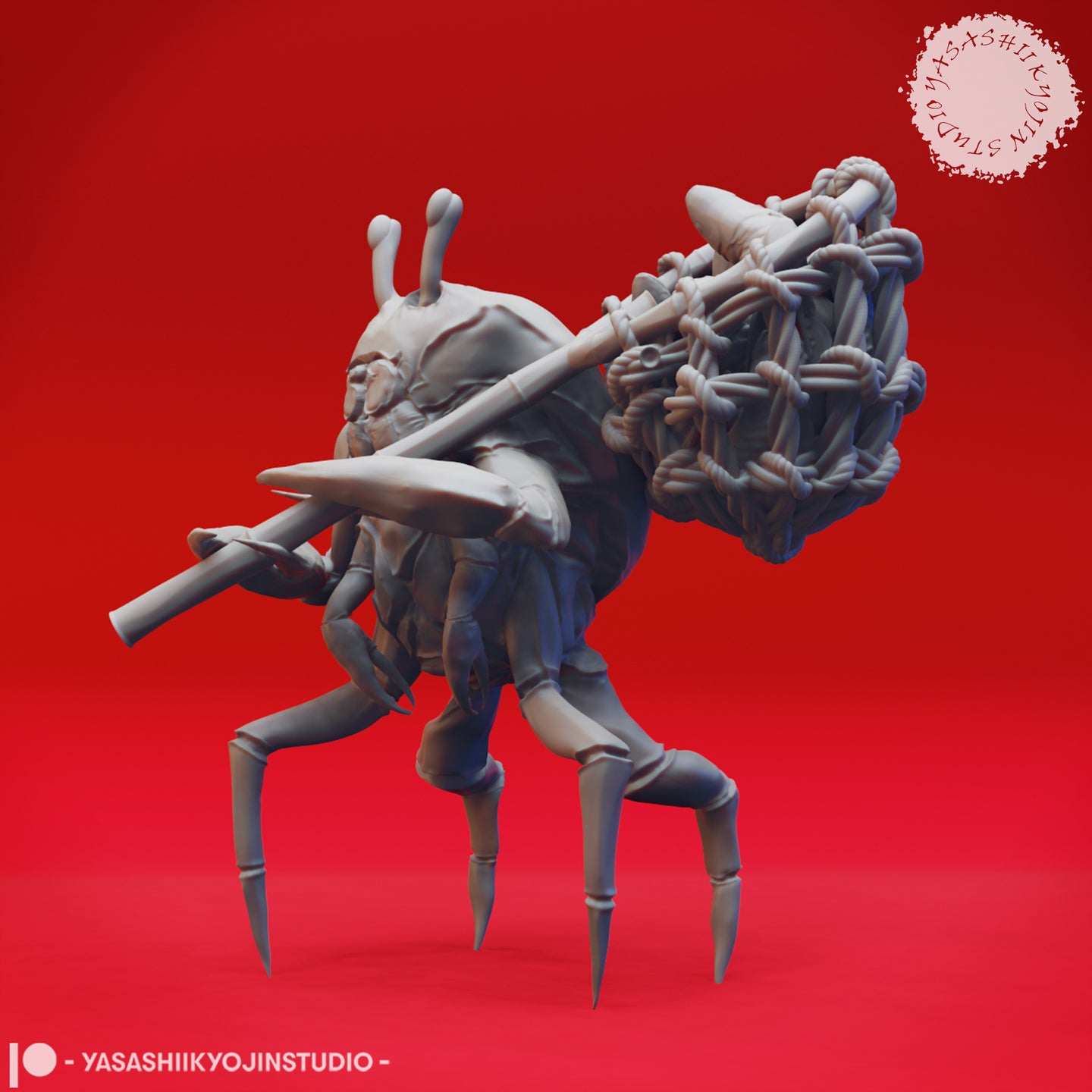 Three-quarter side view digital render of the unpainted grey Crabfolk 03 miniature, highlighting the rope-lashed bundle on the back and the pole weapon held across the body, with the segmented crab legs and chitinous torso clearly visible