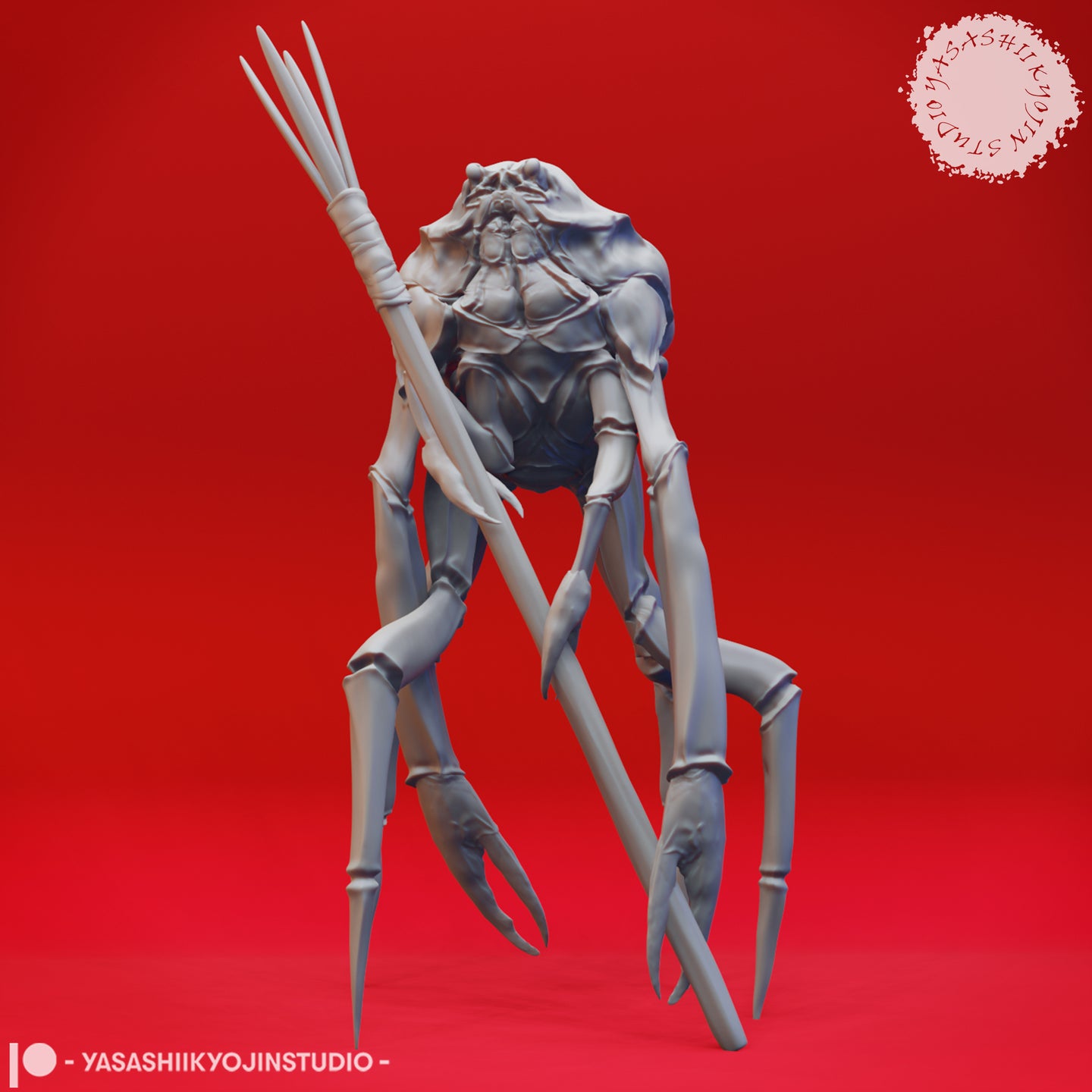 Front view of an unpainted grey resin digital render of a Crabfolk Shaman miniature by Yasashii Kyojin Studios — a gaunt humanoid torso mounted on eight long segmented arthropod legs with claw-tipped feet, holding a barbed spear staff aloft, viewed head-on against a red background