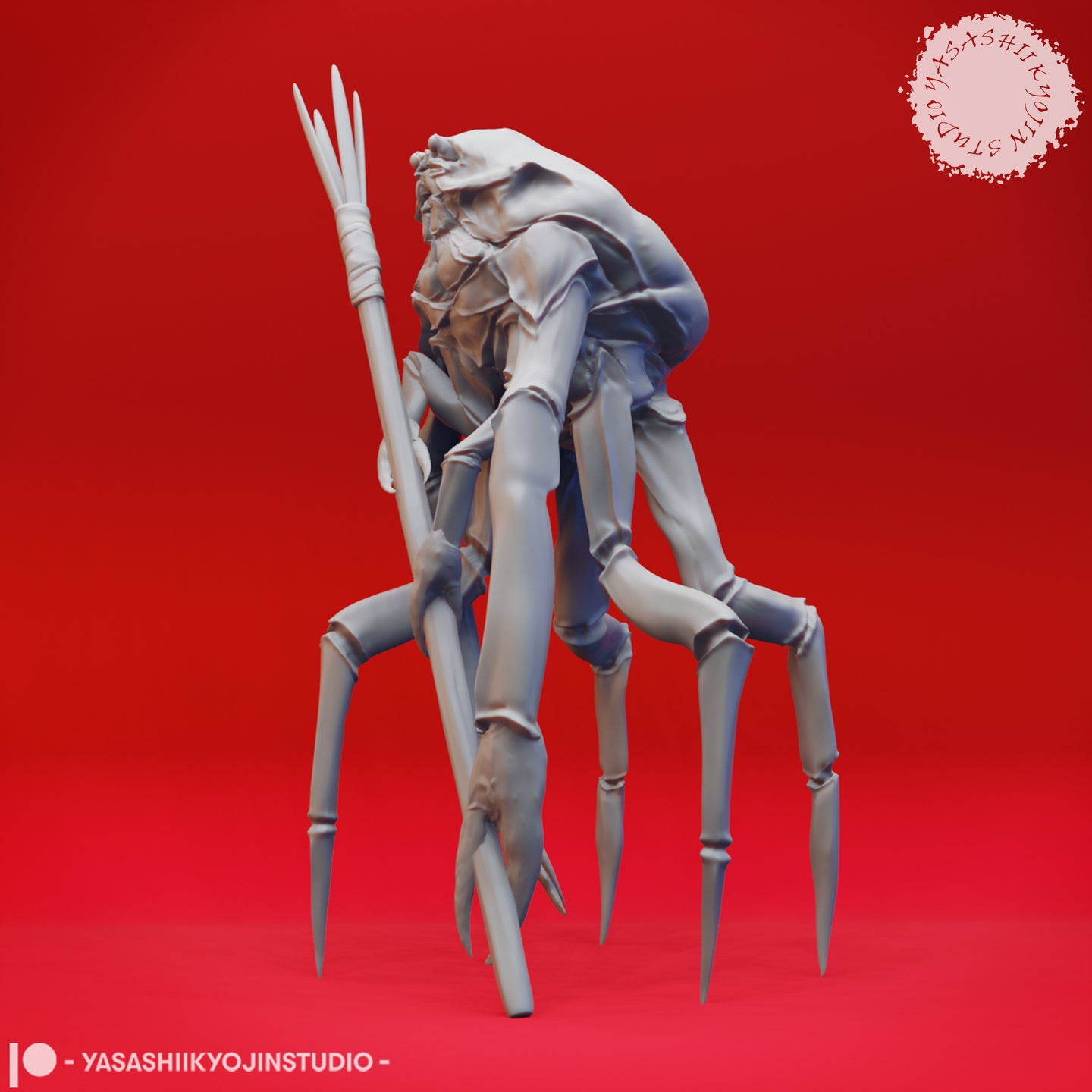 Three-quarter side view of an unpainted grey resin digital render of the Crabfolk Shaman miniature by Yasashii Kyojin Studios — showing the hunched elderly humanoid upper body leaning forward over eight segmented spider-like legs, with a spear staff held in one hand and detailed carapace texture across the back
