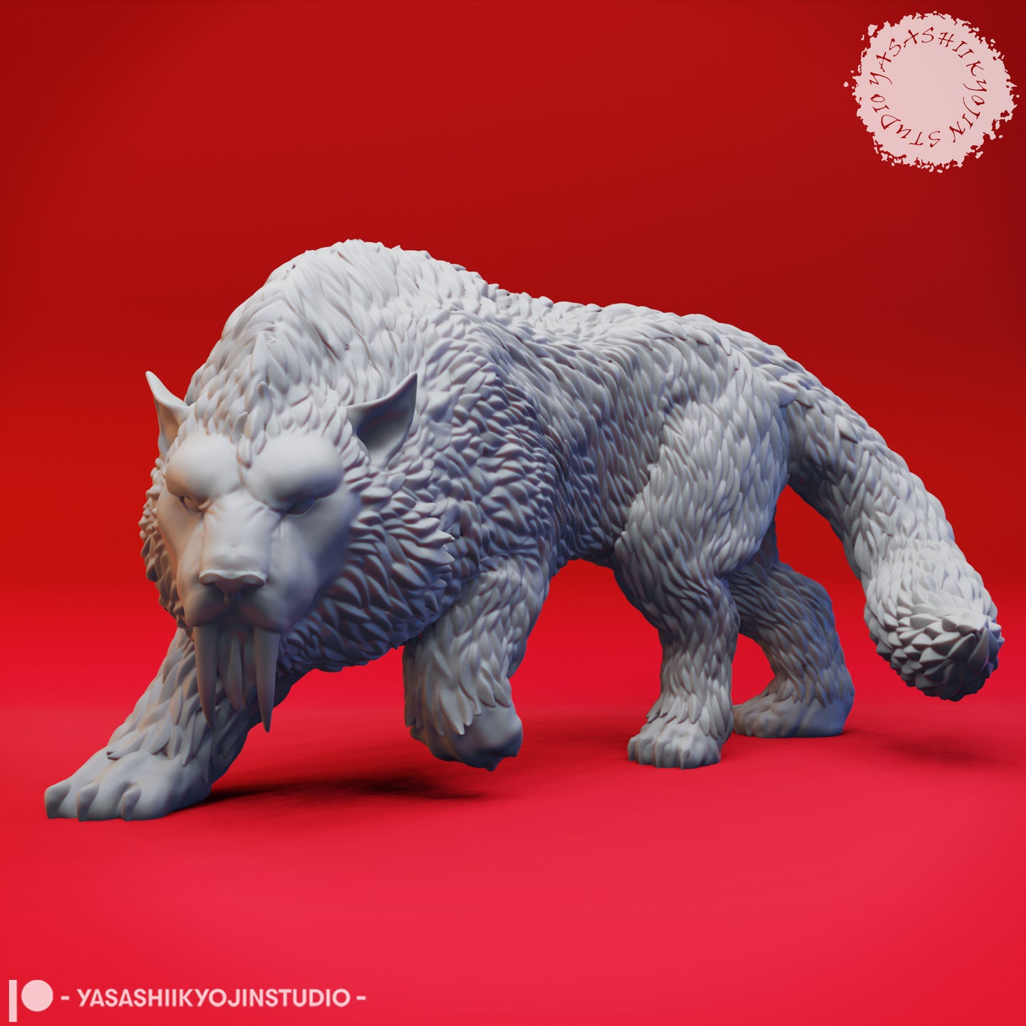 32mm unpainted grey resin digital render of the Crag Cat miniature by Yasashii Kyojin Studios — side profile view showing the beast in a low stalking pose, head dipped, one forepaw raised, body covered in dense layered feather-like fur texture with prominent saber fangs visible beneath the jaw