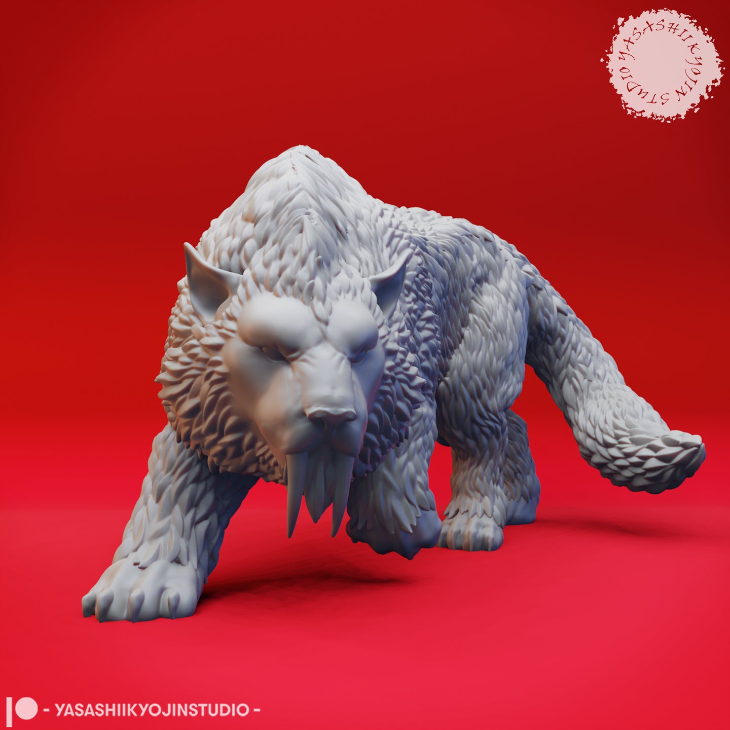 32mm unpainted grey resin digital render of the Crag Cat miniature by Yasashii Kyojin Studios — three-quarter front view showing the creature crouching low with head forward and saber fangs prominently displayed, the heavily textured feather-fur coat visible across the shoulders and back