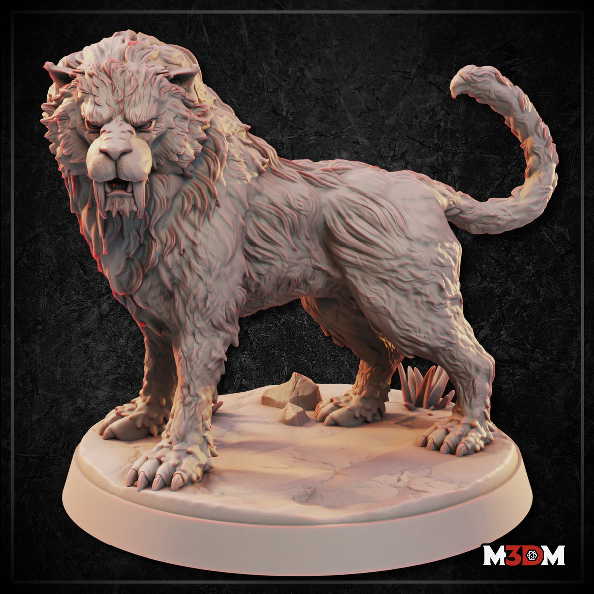Crag Cat miniature by Mia Kay M3DM — snarling lion-like predator in a low stalking stance, heavy mane with deep fur texture, exposed fangs, curled tail, standing on a rocky scatter base with stone and scrub grass.
