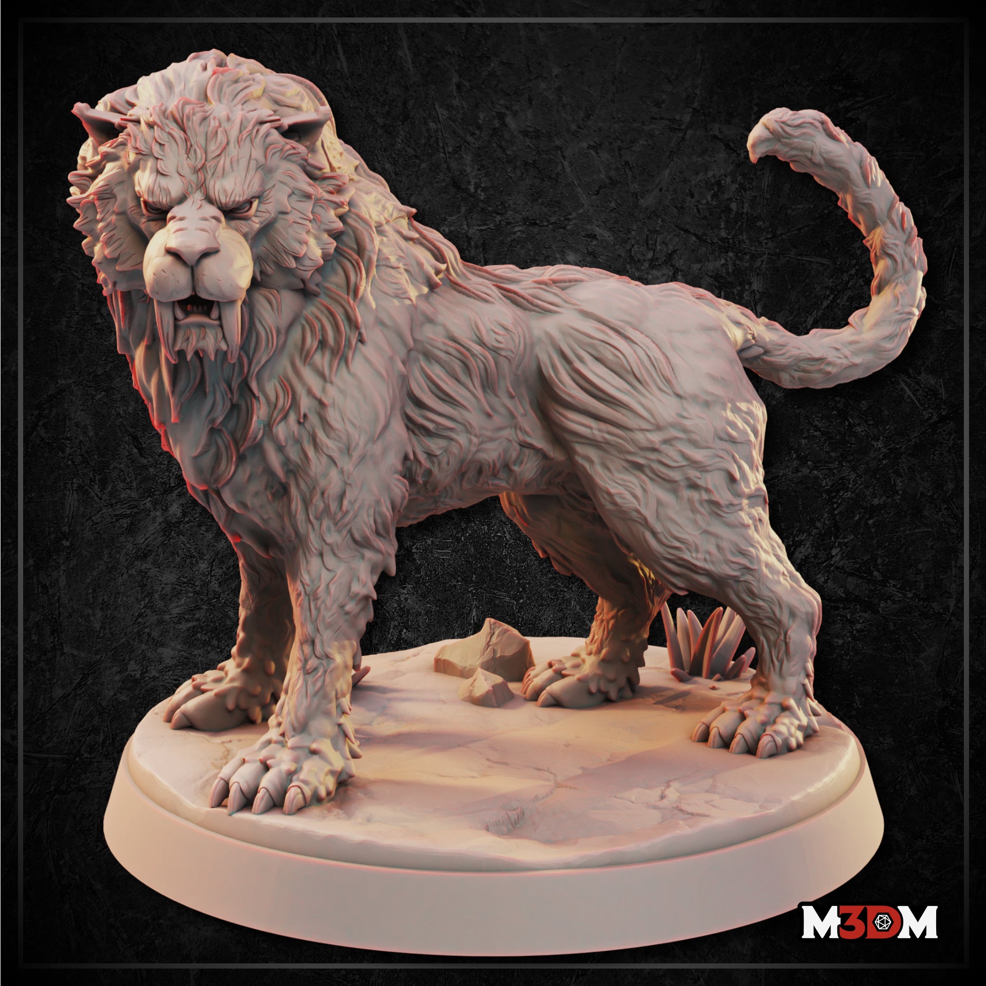Crag Cat miniature by Mia Kay M3DM — snarling lion-like predator in a low stalking stance, heavy mane with deep fur texture, exposed fangs, curled tail, standing on a rocky scatter base with stone and scrub grass.