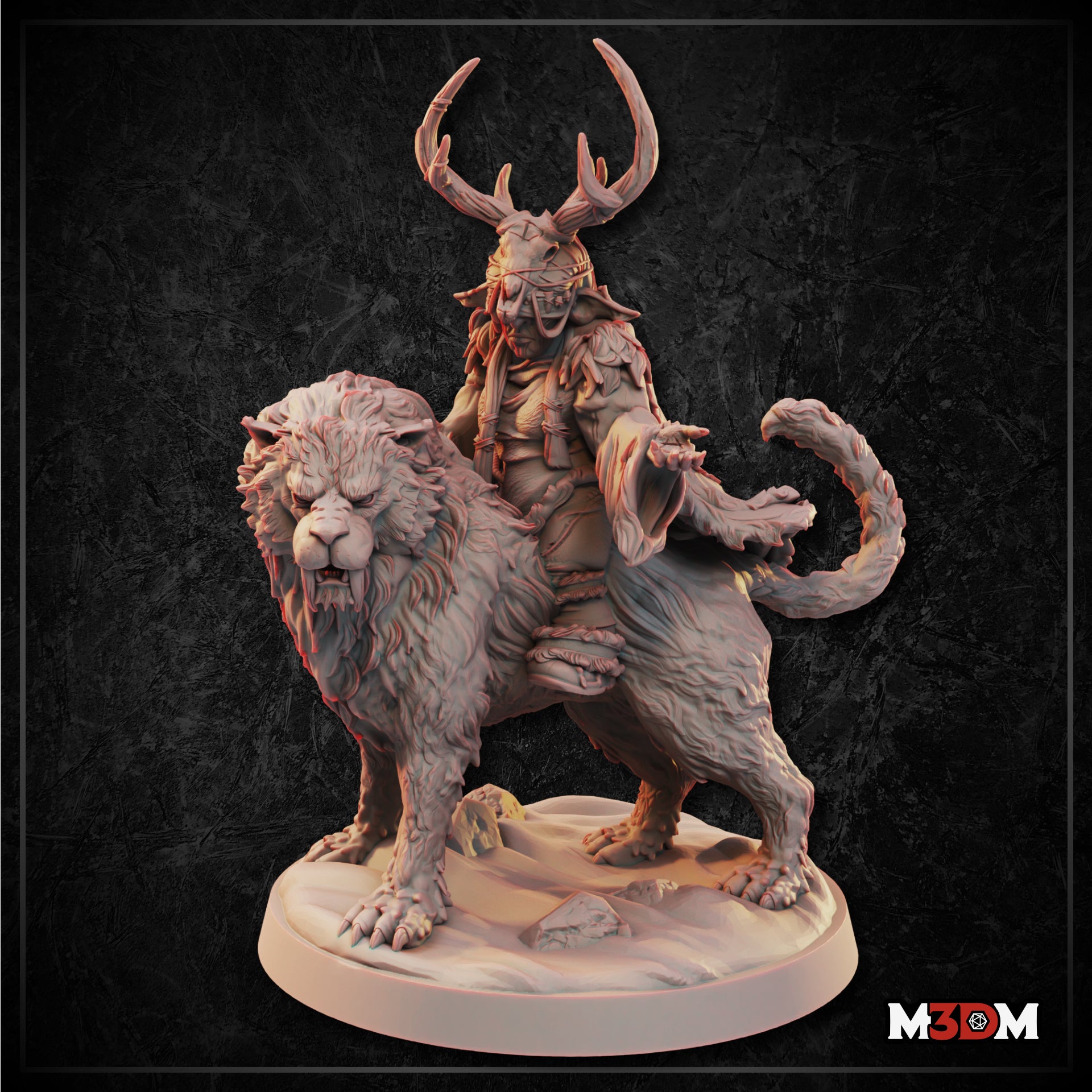Antlered goblin shaman riding a snarling crag cat, one hand outstretched, wearing layered ritual robes and cord wrappings, mounted on a sandy scenic base. Sculpt by Mia Kay M3DM.