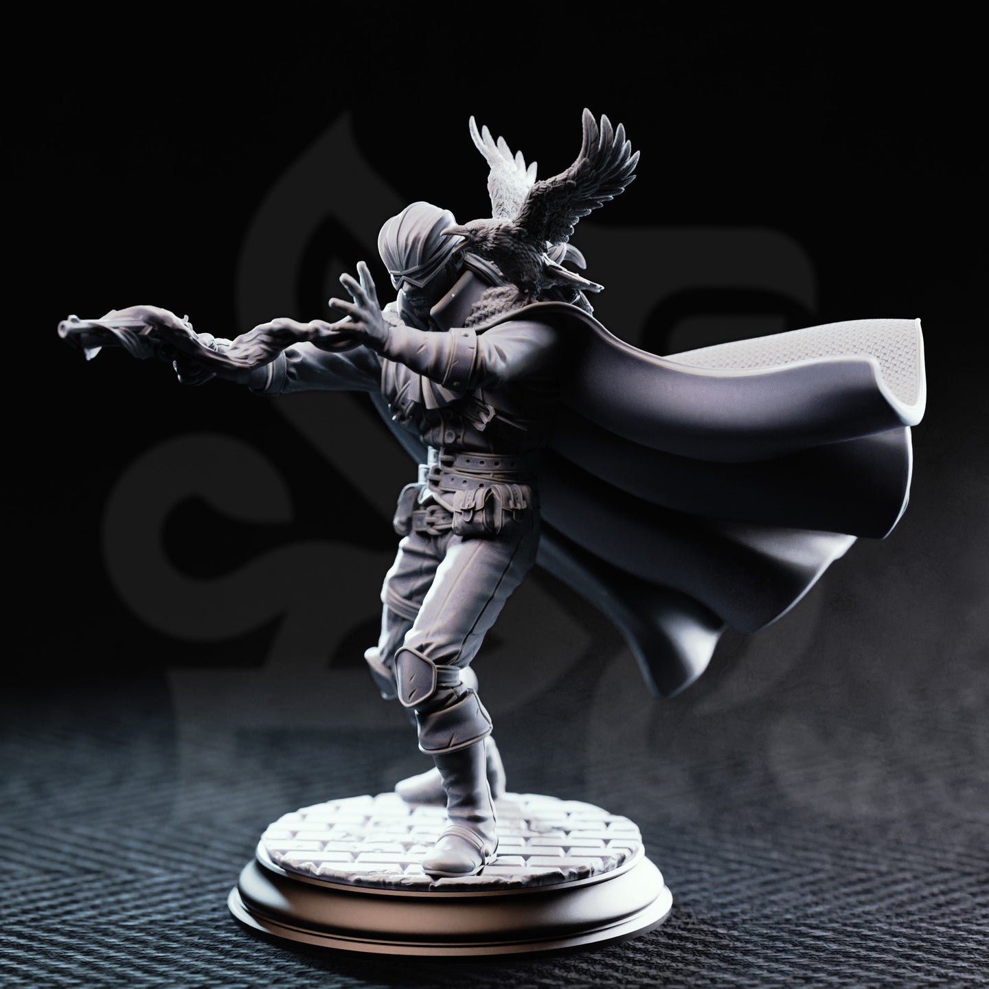 Photograph of unpainted grey resin Crow Eyes Blind Gunslinger miniature — front three-quarter view showing the extended pistol arm, splayed free hand, raised knee mid-stride pose, crow familiar with wings open on his head, and dramatic swept cape