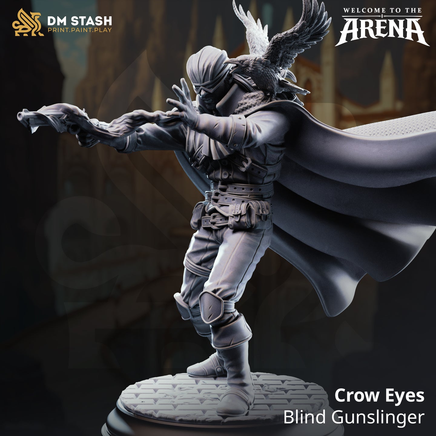 Digital render of Crow Eyes the Blind Gunslinger miniature from DM Stash — a masked, blindfolded gunslinger in a firing stance with pistol extended, a crow perched atop his head with wings spread, wearing a billowing cape and tactical belt laden with pouches, on a cobblestone round base