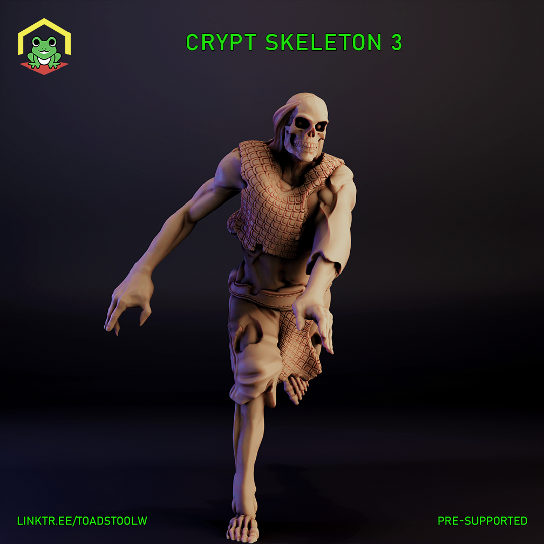Digital render of Crypt Skeleton 3 miniature by The Toadstool Weaver — an unpainted skeleton in a dynamic lunging pose, one knee raised, both clawed hands outstretched, wearing tattered scale armour on its torso and upper leg, skull tilted forward with hollow eye sockets, no base, dark background